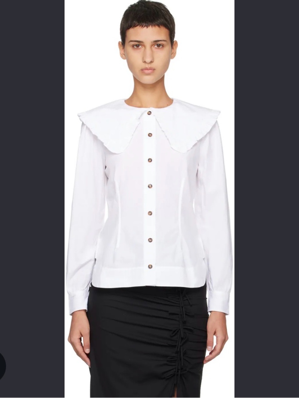 Ganni Big Collar White Button-Front Blouse with Statement Collar